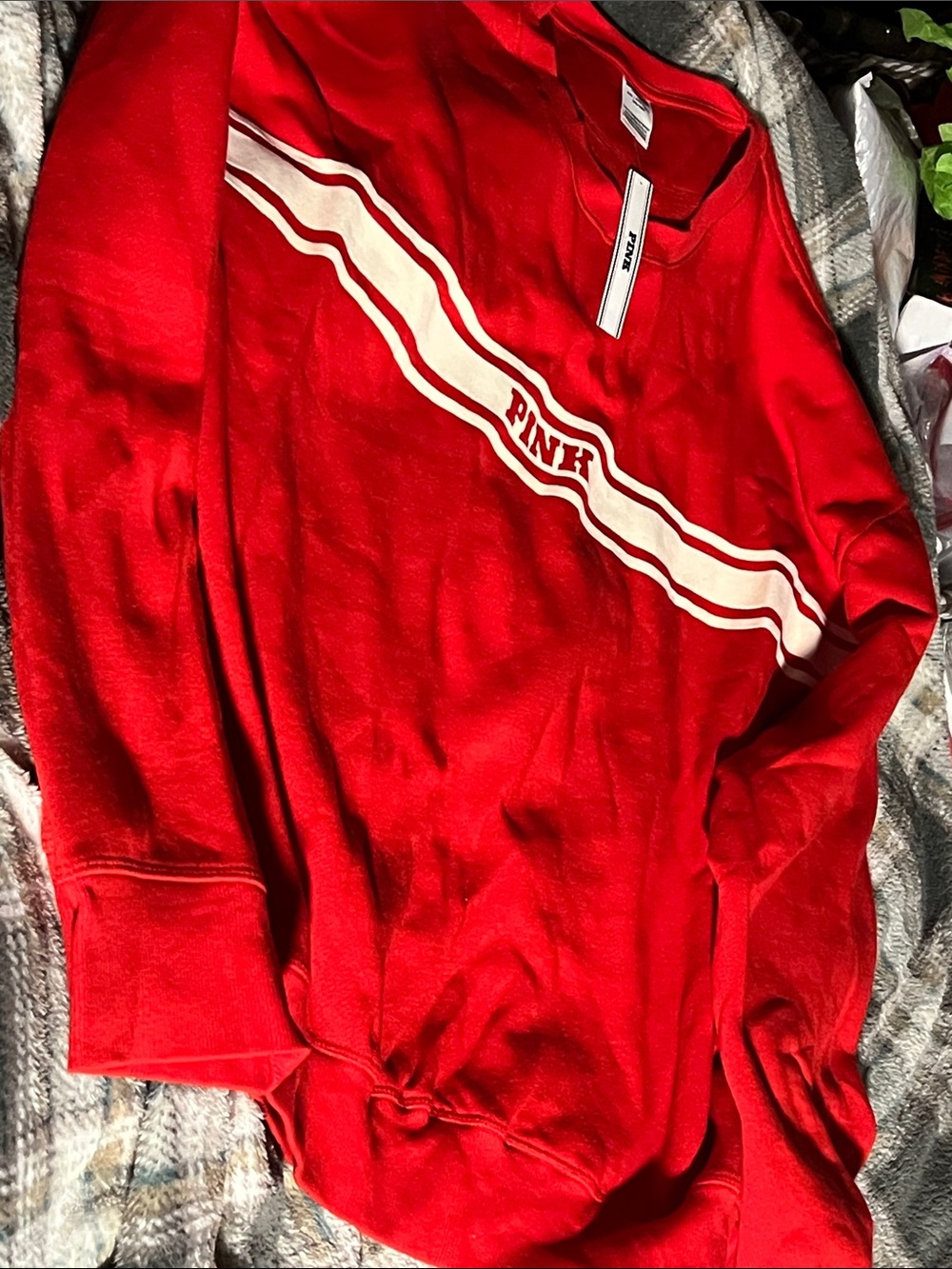 PINK Victoria's Secret Red Crewneck Sweatshirt with White Stripe Accent